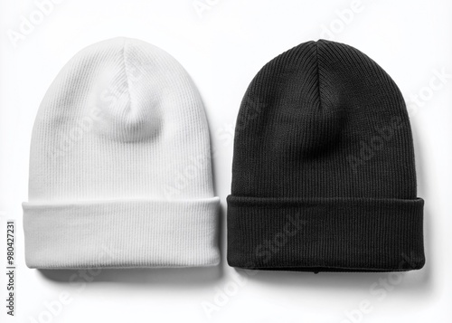 two stylish plain beanie hat mockup. black and white beanie hat on white background