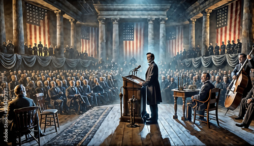 Abraham Lincoln delivers the Gettysburg Address, standing tall before a large crowd, with American flags draped across the hall