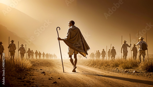 Mahatma Gandhi leads followers during the historic Salt March, a peaceful protest against British rule, in the golden light of dawn