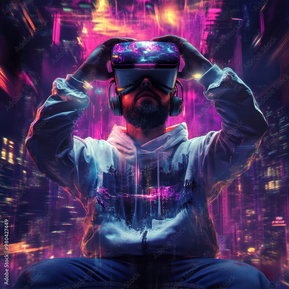 A gamer immersed in a VR video game, equipped with a 3D gamepad and virtual reality headset, explores the metaverse's cyberspace. The man looks upward, holding an AR/VR controller high above his head, A gamer immersed in a VR video game, equipped with a 3D gamepad and virtual reality headset, explores the metaverse's cyberspace. The man looks upward, holding an AR/VR controller high above his head,