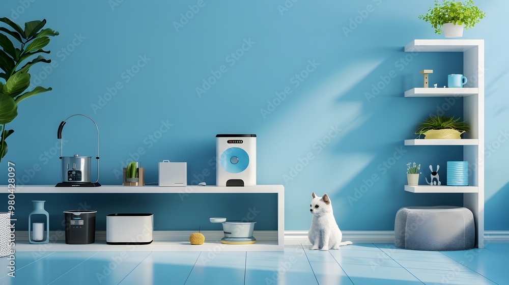 Smart Pet Care Area with Automated Feeders and Interactive Toys in a Modern Organized Home Concept Smart Pet Care Area with Automated Feeders and Interactive Toys in a Modern Organized Home Concept