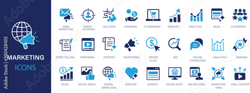 Digital marketing icons set. Content, search, marketing, ecommerce, seo, electronic devices, internet, analysis, social and more flat icon.