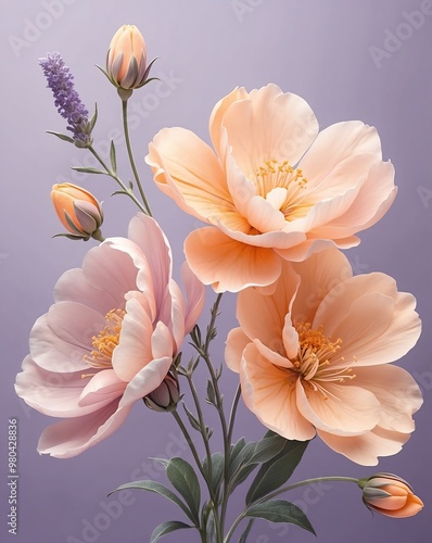 Delicate flower blooms with peach to lavender gradient photo