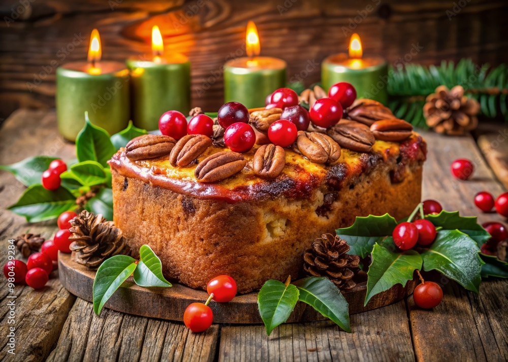 A decadent fruitcake adorned with red and green cherries, golden raisins, and pecans, surrounded by festive holly leaves and candles, on a rustic wooden table. A decadent fruitcake adorned with red and green cherries, golden raisins, and pecans, surrounded by festive holly leaves and candles, on a rustic wooden table.