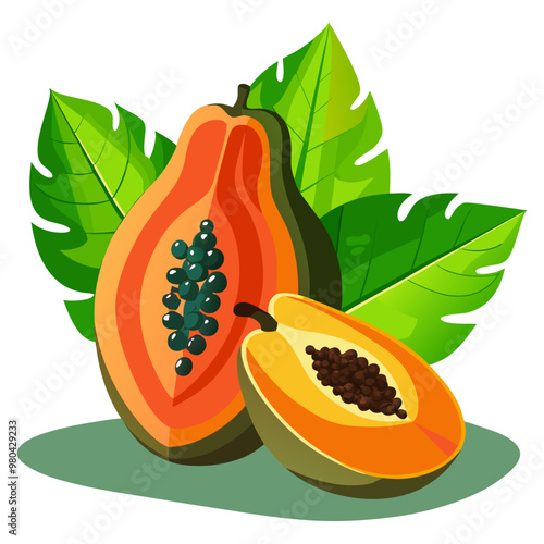 Fresh, bright, exotic whole and sliced colorful papaya with leaf fruit vector illustration, summer-fresh ripe papaya in cartoon-style vector art.