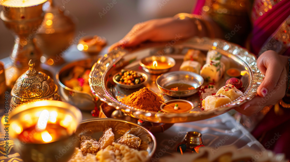 A sister preparing a special Bhai Dooj thali with traditional sweets A sister preparing a special Bhai Dooj thali with traditional sweets