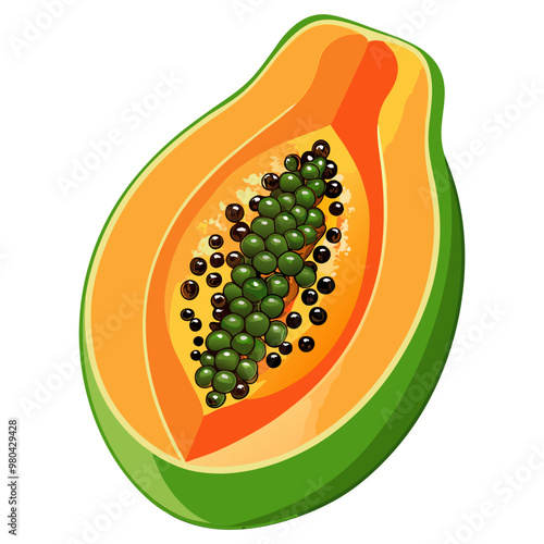 Fresh, bright, exotic whole and sliced colorful papaya fruit vector illustration, summer-fresh ripe papaya in cartoon-style vector art.