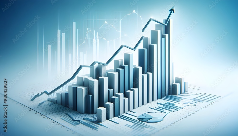 An ascending financial chart with bars and line graph, presented in a stylized graphic manner on a white to blue gradient background, illustrating market growth An ascending financial chart with bars and line graph, presented in a stylized graphic manner on a white to blue gradient background, illustrating market growth