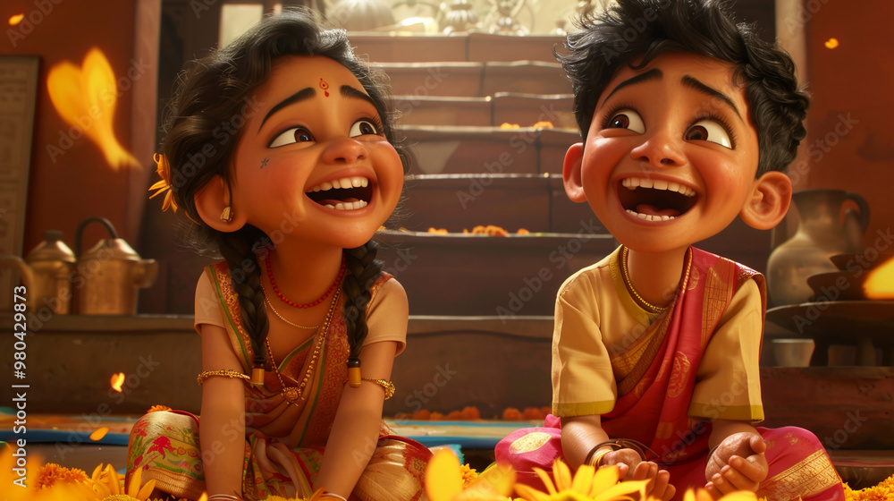 Fototapeta premium illustration poster for bhai dooj showing indian kids