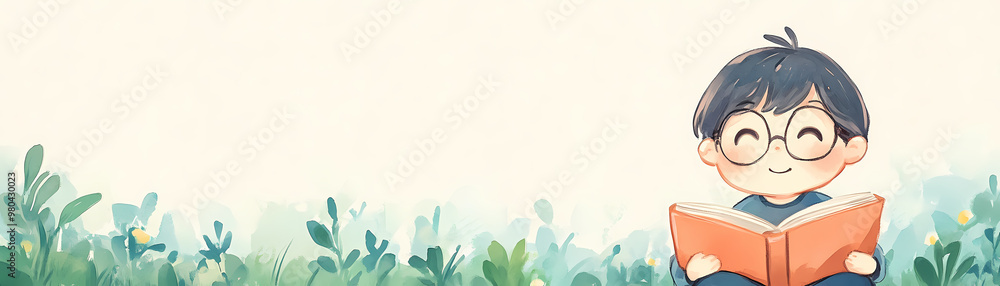 A boy is sitting in a field reading a book. Concept of relaxation and leisure, as the boy is enjoying his time outdoors while reading. The lush green field and the open book suggest a peaceful A boy is sitting in a field reading a book. Concept of relaxation and leisure, as the boy is enjoying his time outdoors while reading. The lush green field and the open book suggest a peaceful
