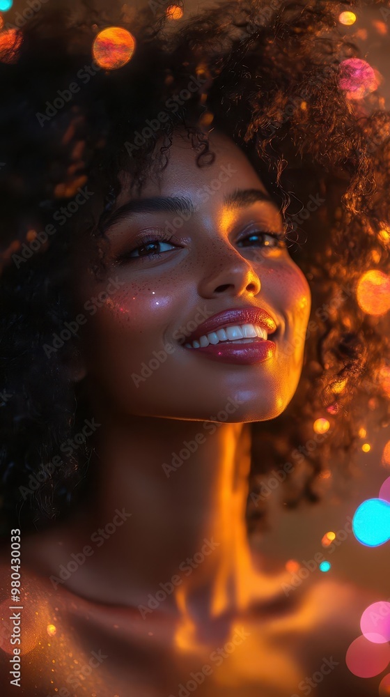 radiant joy closeup of a smiling african american woman with a vibrant afro surrounded by swirling colorful light particles radiant joy closeup of a smiling african american woman with a vibrant afro surrounded by swirling colorful light particles