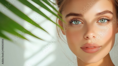 Radiant Beauty: Elegant Woman Glowing with Natural Skincare in Cinematic Portrait Among Green Leaves