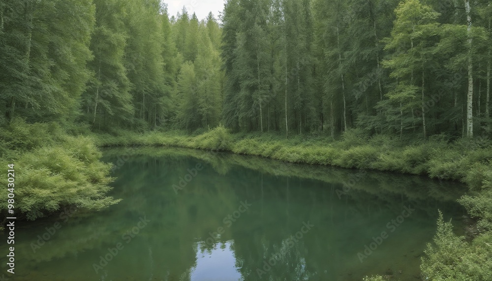 Serene green forest landscape with a calm river reflecting trees Serene green forest landscape with a calm river reflecting trees