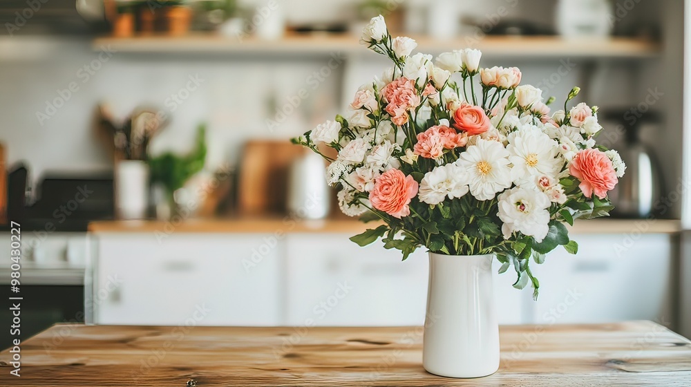 A Delicate Bouquet of White and Peach Flowers in a Kitchen Setting A Delicate Bouquet of White and Peach Flowers in a Kitchen Setting