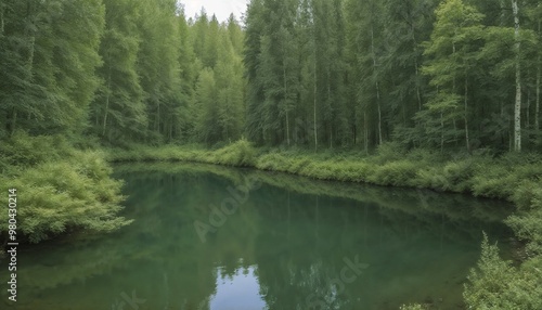 Serene green forest landscape with a calm river reflecting trees
