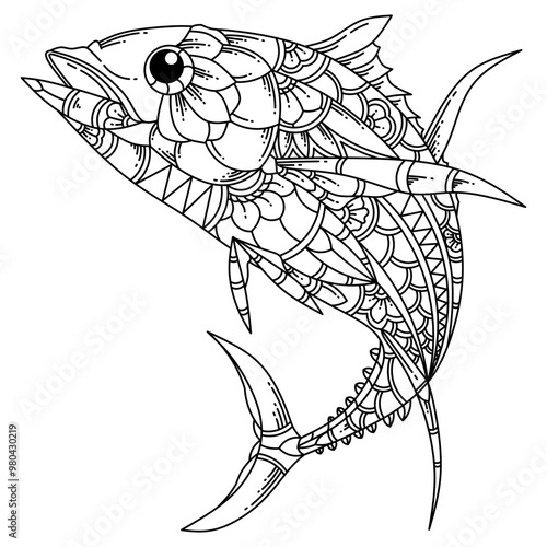 Hand drawn of tuna fish in zentangle style