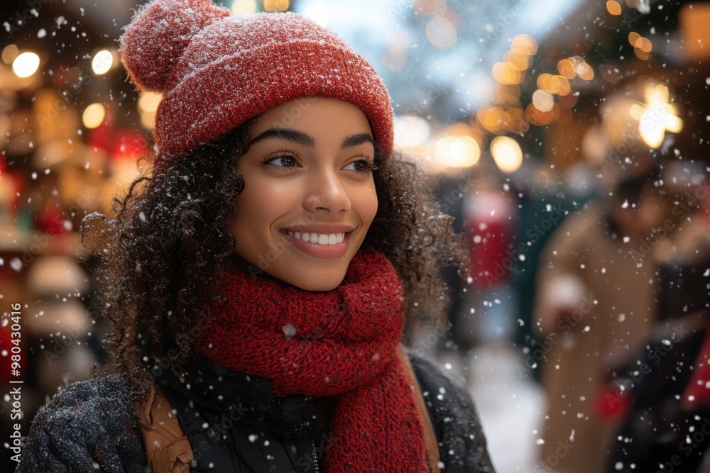 Woman smiling in red knit hat amid wintry festive lights. Woman smiling in red knit hat amid wintry festive lights.