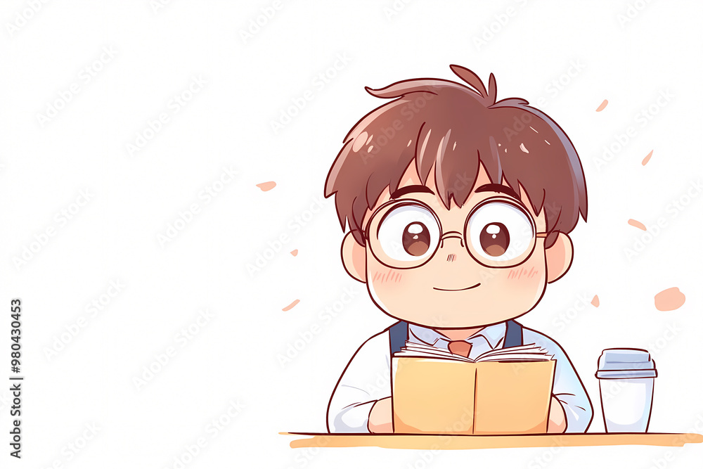 A cartoon boy is sitting at a table reading a book. He is wearing glasses and has a smile on his face A cartoon boy is sitting at a table reading a book. He is wearing glasses and has a smile on his face