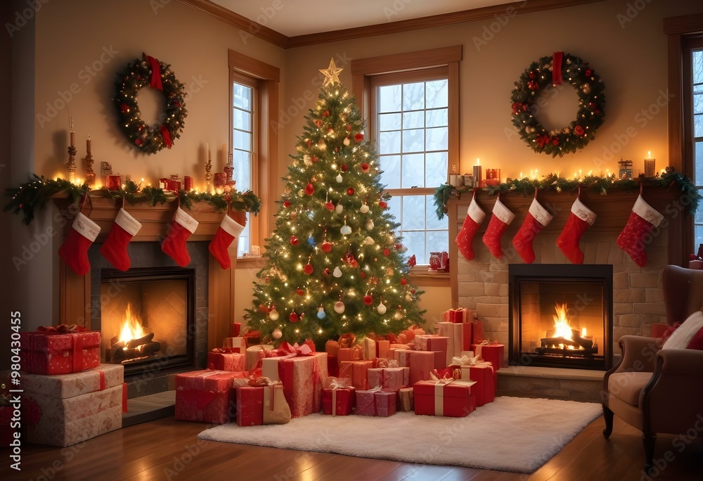 Christmas scene with a large decorated Christmas tree surrounded by presents, stockings hung on the fireplace, and a warm, inviting atmosphere. Christmas scene with a large decorated Christmas tree surrounded by presents, stockings hung on the fireplace, and a warm, inviting atmosphere.