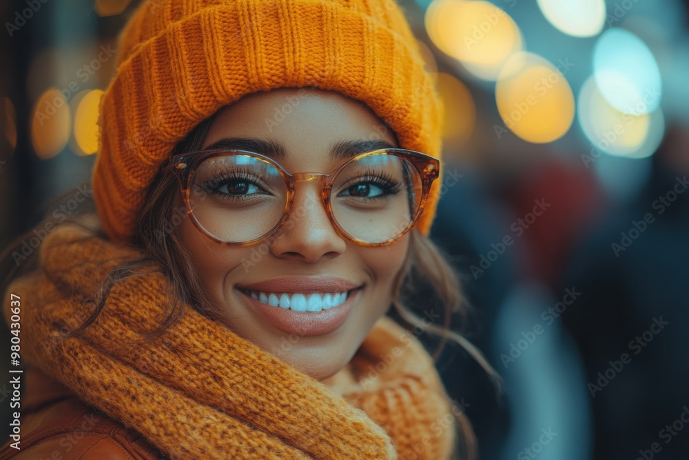 Smiling woman in orange hat with festive bokeh background. Smiling woman in orange hat with festive bokeh background.