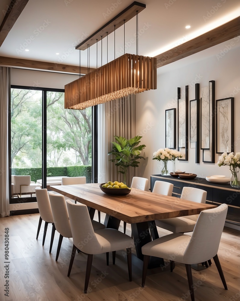 Dining room with wooden table and hanging light fixtures Dining room with wooden table and hanging light fixtures