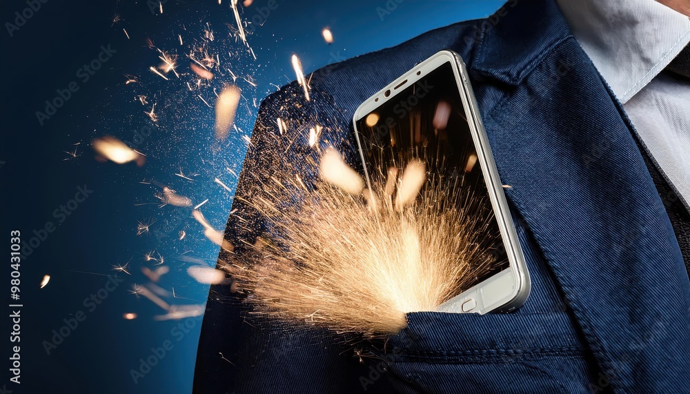 Phone shattering with sparks flying from suit pocket in explosive malfunction Phone shattering with sparks flying from suit pocket in explosive malfunction