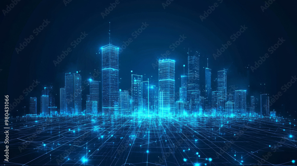 Wireframe landscape featuring a smart city in a low poly style with a blue technology background. Depicts data security and global social network connections in a 3D vector design. Wireframe landscape featuring a smart city in a low poly style with a blue technology background. Depicts data security and global social network connections in a 3D vector design.