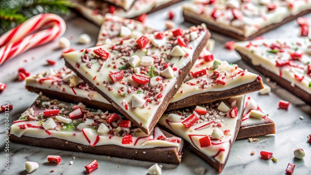 Vibrant festive peppermint chocolate bark scattered on an elegant white marble background, adorned with crushed candy canes and sprinkles, exuding holiday cheer and sweetness. Vibrant festive peppermint chocolate bark scattered on an elegant white marble background, adorned with crushed candy canes and sprinkles, exuding holiday cheer and sweetness.