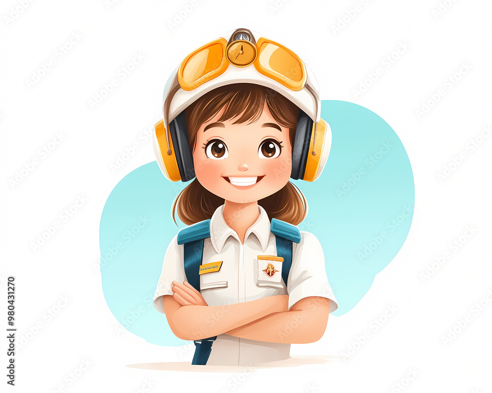 A cartoon girl wearing a pilot's hat and goggles. She is smiling and has a backpack on A cartoon girl wearing a pilot's hat and goggles. She is smiling and has a backpack on