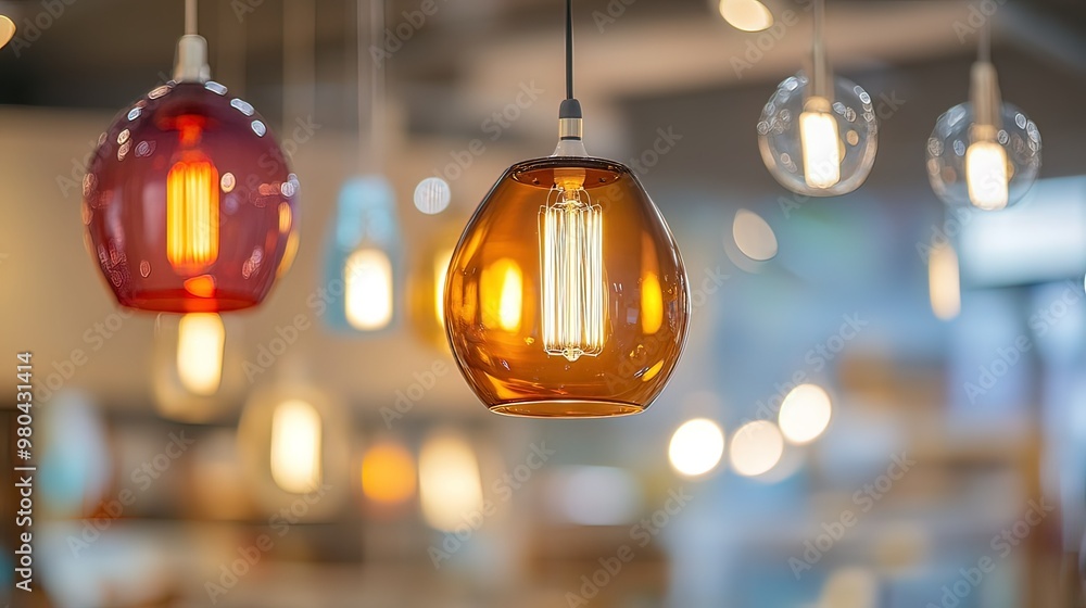 Warm Glow of Hanging Light Bulbs in a Blurred Background Warm Glow of Hanging Light Bulbs in a Blurred Background