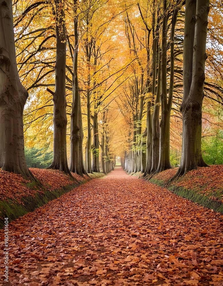Naklejka premium serene forest path covered in autumn leaves, with tall trees lining the way 