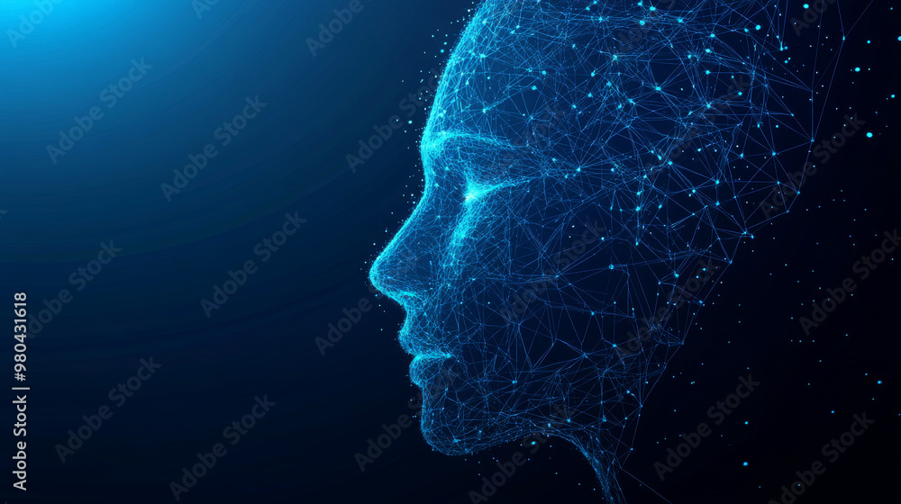 Face recognition system concept featuring a low polygon human face scan on a blue template background with UI elements. Vector illustration. Face recognition system concept featuring a low polygon human face scan on a blue template background with UI elements. Vector illustration.
