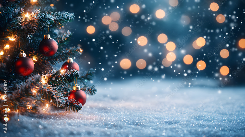 Christmas winter background with snow and blurred bokeh.Merry christmas and happy new year greeting card with copy-space Christmas winter background with snow and blurred bokeh.Merry christmas and happy new year greeting card with copy-space