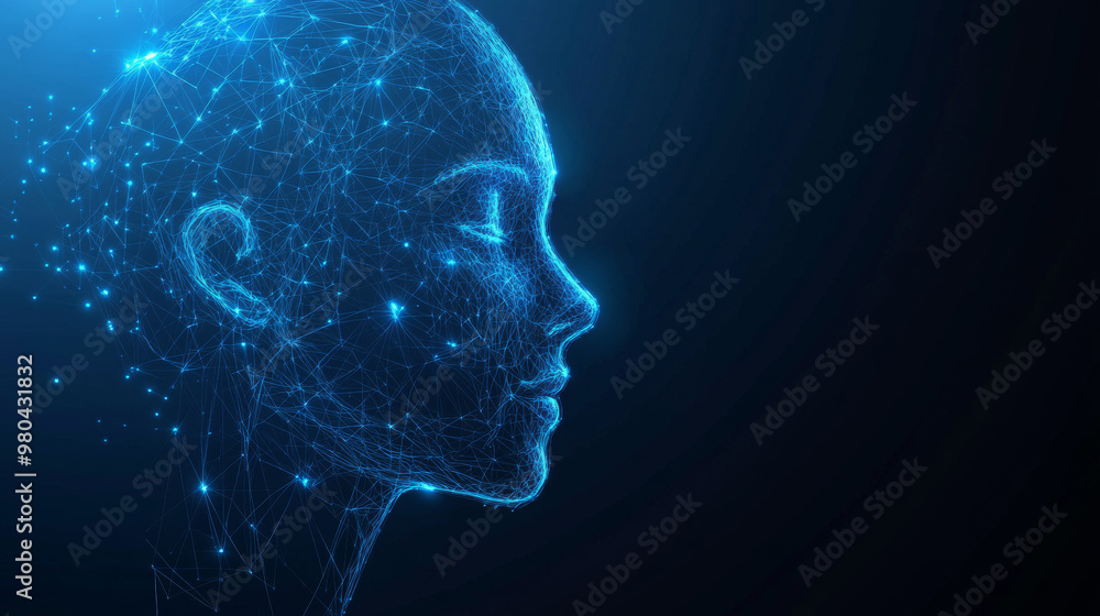Face recognition system concept featuring a low polygon human face scan on a blue template background with UI elements. Vector illustration. Face recognition system concept featuring a low polygon human face scan on a blue template background with UI elements. Vector illustration.