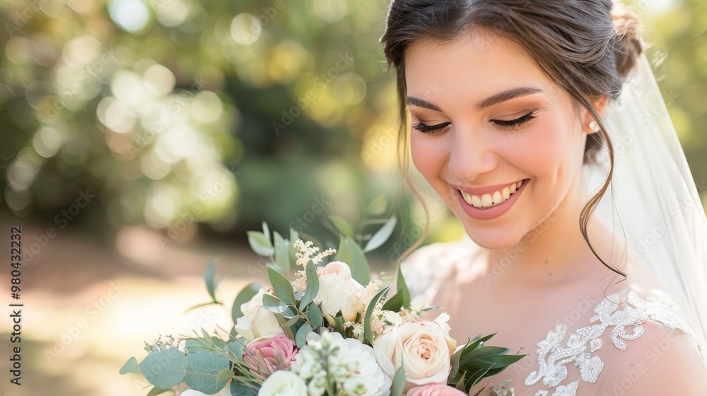 Naklejka premium Joyful close up of a radiant bride beaming with happiness in elegant wedding attire and bouquet