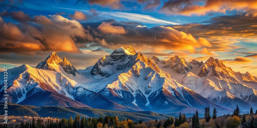 Obraz premium Spectacular snow-capped mountain peaks bask in soft golden light of dawn, set against a brilliant blue sky with gentle clouds, serene and majestic landscape.