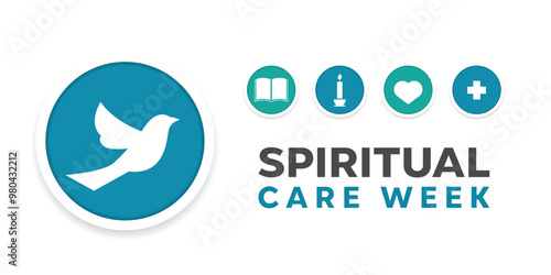Spiritual Care Week. Bird, book, candle, heart and plus icon. Great for cards, banners, posters, social media and more. White background.