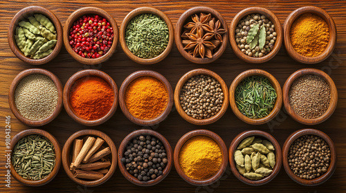 A colorful array of spices and herbs. Colorful spices, nuts, seeds, dried fruits, and herbal flowers. Seasoning spices background. Culinary traditions. Spices for cooking. Natural ingredients. Healthy