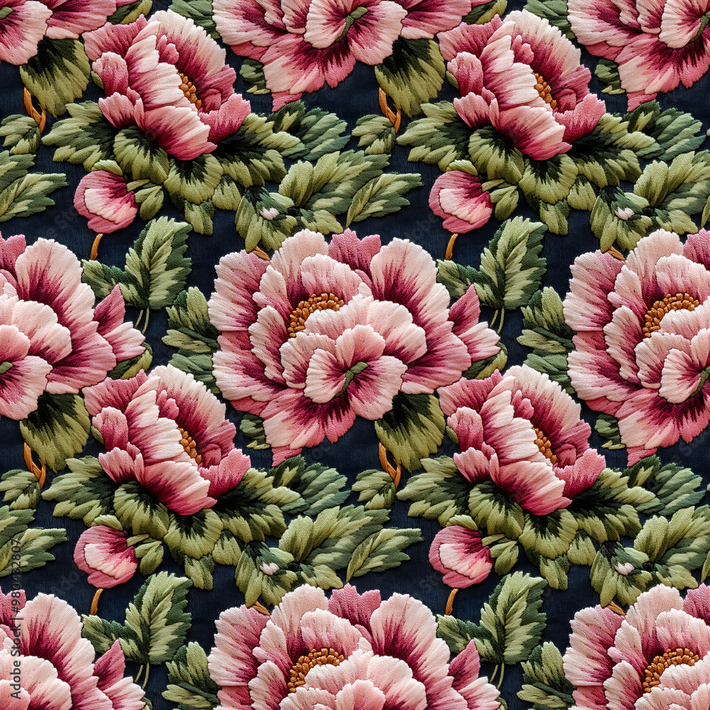 Fototapeta premium Illustration of nature flower. Seamless patterns in stumpwork embroidery style of floral.[A-0382]