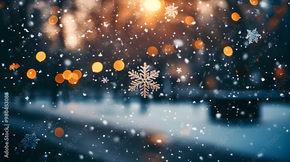 Obraz premium Color snowflakes on winter park background. Snowfall in park