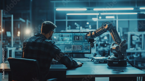 Factory industrial engineer collaborating with automation robot arms in a smart factory. Real-time monitoring system software in use. Digital future manufacturing concept, showcased in a meeting room  photo