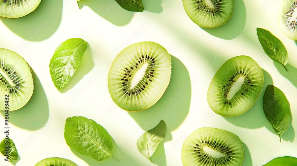 Fototapeta premium Fresh Kiwi Slices and Leaves on a Green Background