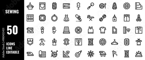 50 Sewing Icons Set Pack Line Editable Vector Illustration