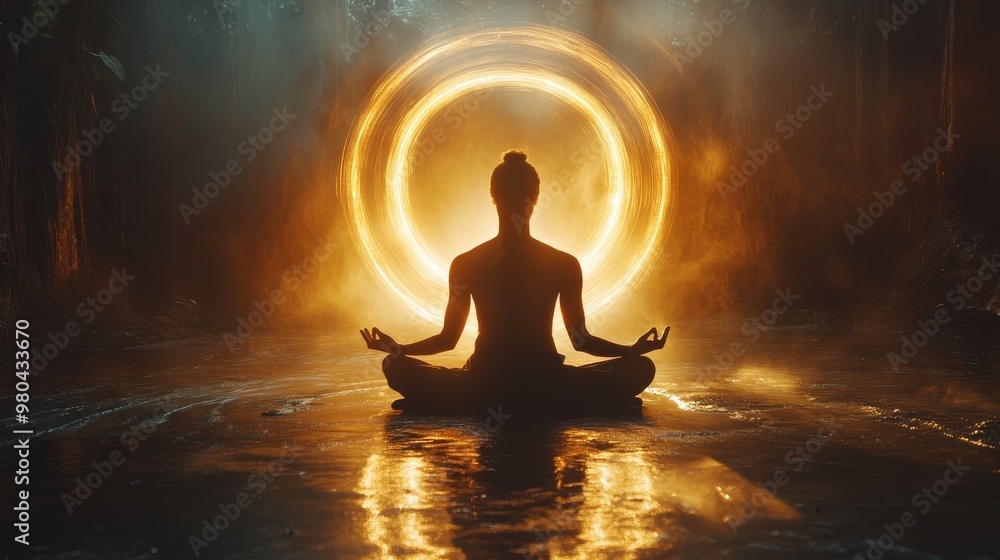 A peaceful meditating silhouette, encompassed by a radiant, circular aura, embodying spiritual awakening. Gentle light reflections surround A peaceful meditating silhouette, encompassed by a radiant, circular aura, embodying spiritual awakening. Gentle light reflections surround