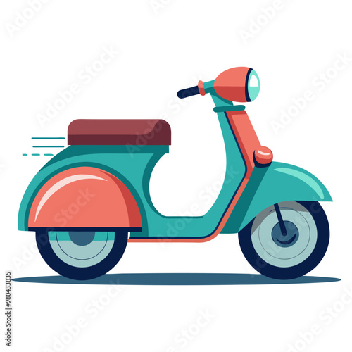 Hand-drawn illustration of a cute vintage scooter in a classic flat style, depicted from a side view. The scooter is a cool color and resembles a Vespa.