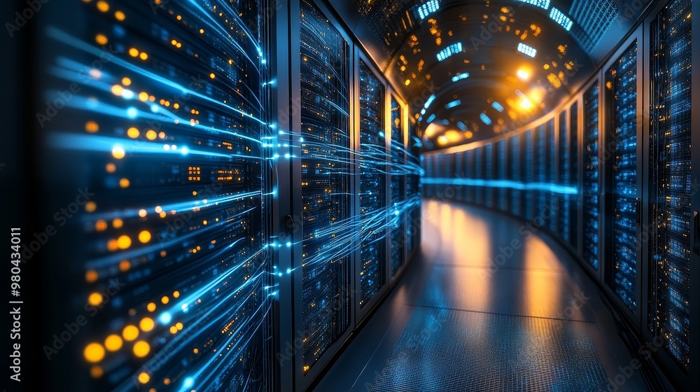 A sleek, high-tech circular data center, cables intertwining like veins, rapid data transfers between servers, bathed in cool neon blue lighting A sleek, high-tech circular data center, cables intertwining like veins, rapid data transfers between servers, bathed in cool neon blue lighting