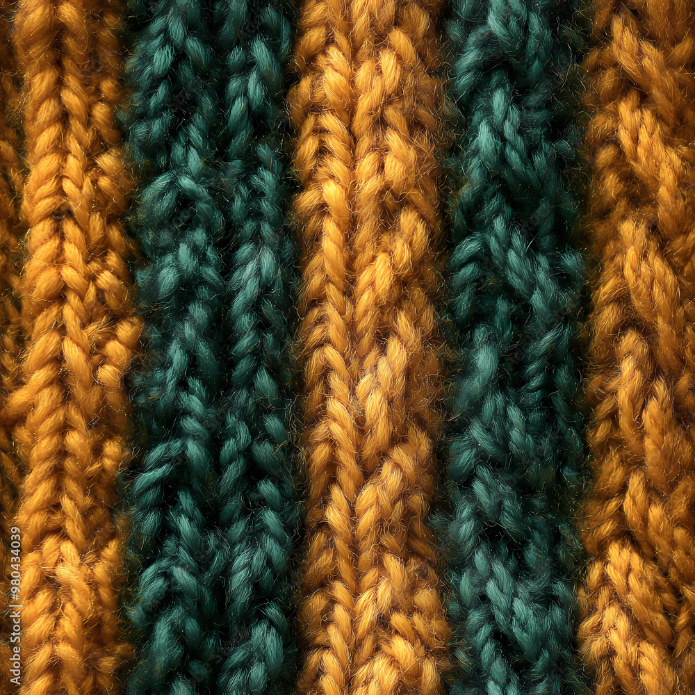 Close-up of textured knitted fabric in rich green and golden hues, showcasing intricate patterns and craftsmanship. Generative ai. Close-up of textured knitted fabric in rich green and golden hues, showcasing intricate patterns and craftsmanship. Generative ai.
