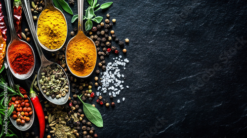 A colorful array of spices and herbs. Colorful spices, nuts, seeds, dried fruits, and herbal flowers. Seasoning spices background. Culinary traditions. Spices for cooking. Healthy food. Copy space 