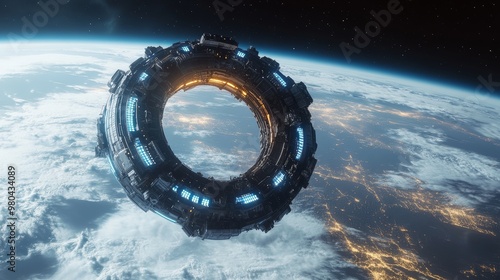 A sleek, ring-shaped space station with glowing blue accents, floating above Earth's clouds, futuristic cities visible on the surface below