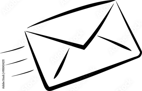 A black and white drawing of an envelope flying through the air